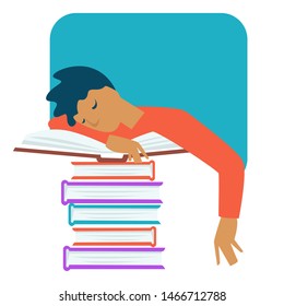 Stress and overworking teenage problem studying all night vector boy sleeping on books pile preparing, for test book worm or nerd teenager and tiredness exhausted guy textbooks learning education