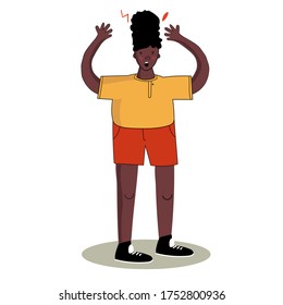 Stress and panic. African american man is alarmed. Headache. Problems in life. Vector illustration in cartoon hand-drawn style.
