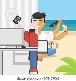 Stress Panic Multitasking Office Worker Vs Relax Meditating Freelancer Working On Beach, Flat Vector Illustration