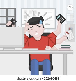 Stress panic multitasking office worker, deadline, flat vector illustration