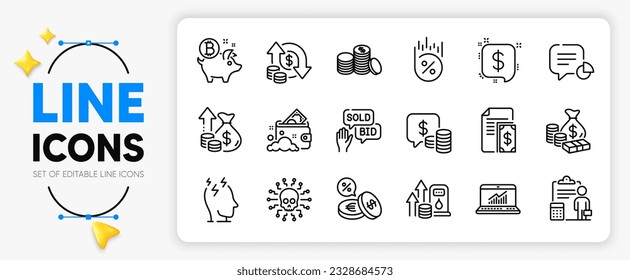 Stress, Payment and Bitcoin coin line icons set for app include Fuel price, Change money, Inflation outline thin icon. Launder money, Statistic, Accounting pictogram icon. Coins. Vector