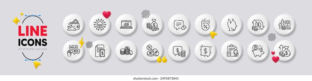 Stress, Payment and Bitcoin coin line icons. White buttons 3d icons. Pack of Fuel price, Change money, Inflation icon. Launder money, Statistic, Accounting pictogram. Vector