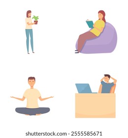 Stress prevention icons set cartoon vector. People deal with stress differently. Hobby, pastime