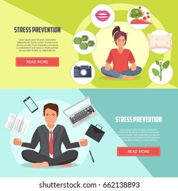 Stress prevention vector banners. Businessman doing yoga. Relaxed and calm office workers. Concept vector design of stress prevention at work.