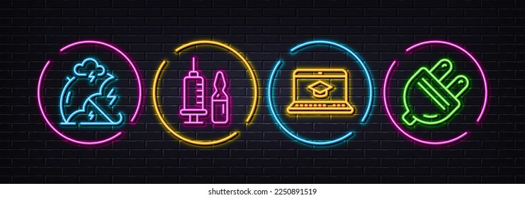 Stress protection, Medical vaccination and Website education minimal line icons. Neon laser 3d lights. Electric plug icons. For web, application, printing. Vector