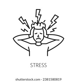 Stress, psychological disorder problem and mental health icon in vector outline. Psychology, human mind and emotional state of person in stress and anxiety, mental problem and disorder line symbol