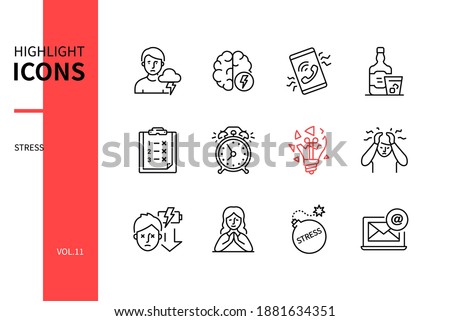 Stress and psychological problems - line design style icons set. Black and white images. Sad person, difficulties at work, bad habits, failure ideas. City life troubles, online support theme