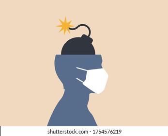 Stress Of Quarantine Concept. Stressed Man Is Wearing A Protective Face Mask 
During Coronavirus Quarantine. Flat Vector Illustration.