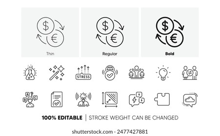 Stress, Quiz test and Currency exchange line icons. Pack of Magic wand, Square area, Light bulb icon. Winner, Discrimination, Chemistry lab pictogram. Brand, Cloud communication, Puzzle. Vector