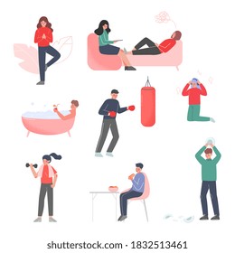 Stress Reducing Set, People Doing Different Activities to Calm Down Stressful Emotions, Psychological Help, Meditation, Boxing, Eating Fast Food, Breaking Dishes Vector Illustration