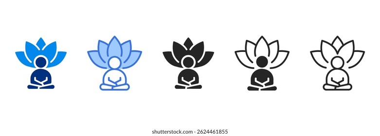 stress reduction icon set multiple style collection. A person meditating in a lotus position with a large lotus flower behind them, symbolizing stress relief, mindfulness, and inner peace