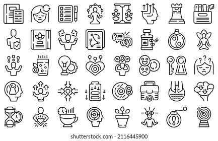 Stress reduction icons set outline vector. Anger balance. Calm control