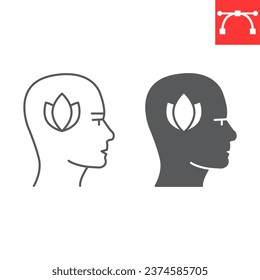 Línea de reducción de estrés e icono de glifo, meditación y atención, cabeza de hombre con icono de vector de loto, gráficos vectoriales, signo de contorno de trazo editable, eps 10.