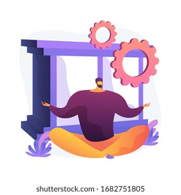 Stress Reduction And Relieving Activity. Man Cartoon Character Sitting In Lotus Pose. Work And Rest Balance. Meditation, Relaxation, Balancing. Vector Isolated Concept Metaphor Illustration