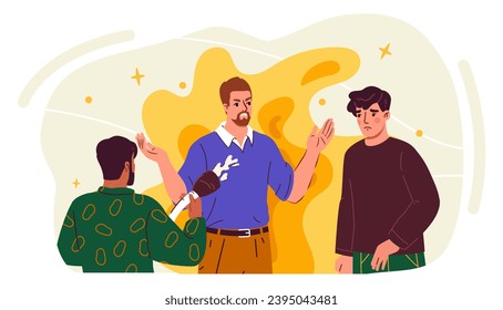 Stress at relations concept. Men quarrel. Young guys at background of fire. Bad emotions and negative feelings. Friends or teammates scream at each others. Cartoon flat vector illustration