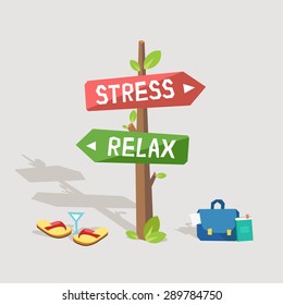 Stress or relax. Concept vector illustration with highway road signs of Stress and Relax. Case with documents or sandals and cocktail. 