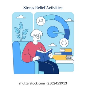 Stress Relief Activities concept. Illustration of a person reading to boost mental well-being with a gauge showing improvement from sad to happy. Vector illustration.