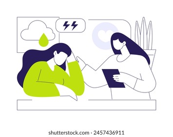 Stress relief advise abstract concept vector illustration. Stressed woman consulting with psychotherapist, medicine sector, family doctor, preventive care therapy, rehab clinic abstract metaphor.