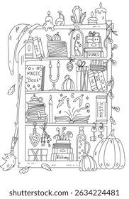 Stress Relief Coloring For Adults And Kids With Shelves Of Magical Items In A Witch's House