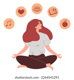 Stress relief concept with woman practicing yoga meditation, flat vector illustration isolated on white background. Dealing with stress and panic emotions.