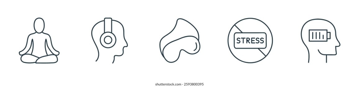 Stress Relief Line Icon Set. Illustration of Meditation, Headphones, Sleep Mask, and Relaxation Vector Icons