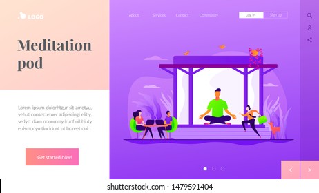 Stress relief, stress management. Friendly, peaceful work environment. Office meditation room, meditation pod, office relaxing place concept. Website homepage header landing web page template.