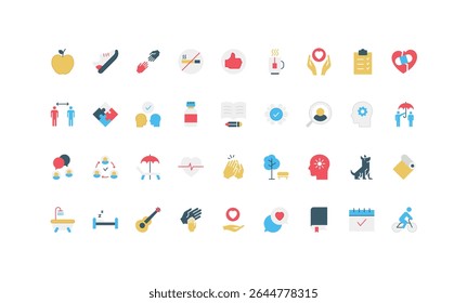 Stress relief, management and mental support session, brain relax for wellbeing and balance color icon set. Yoga and book, coach help and rest, nutrition for peace in mind flat vector illustration