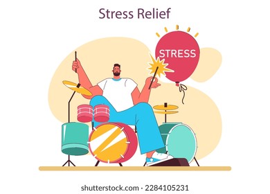 Stress relief as a positive effect of playing drums. Male character' creative hobby. Drummer practising or performing music, playing musical instrument. Flat vector illustration