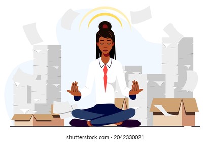 Stress Relief and Relaxation at Work. Businesswoman doing yoga, sitting in the lotus pose. Zen Office Space. Overwhelmed Office Worker Meditate to Relieve Stress or Anxiety. Vector Illustration.