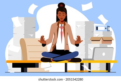 Stress Relief And Relaxation At Work. Businesswoman Doing Yoga, Sitting In The Lotus Pose. Zen Office Space. Overwhelmed Office Worker Meditate To Relieve Stress Or Anxiety. Vector Illustration.