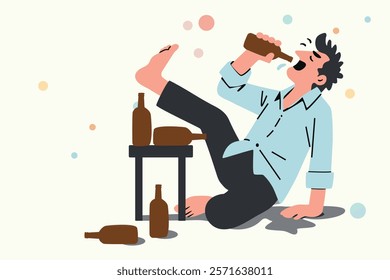 stress relief therapy concept, happy smiling business man drinking beer alone, funny flat cartoon vector ,weekend discount promotion banner