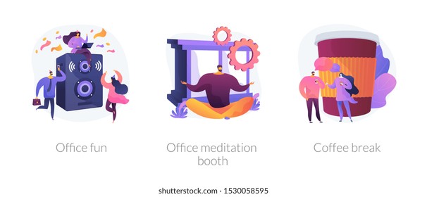 Stress relief web icons cartoon set. Employees characters at corporate party. Office fun, office meditation booth, coffee break metaphors. Vector isolated concept metaphor illustrations