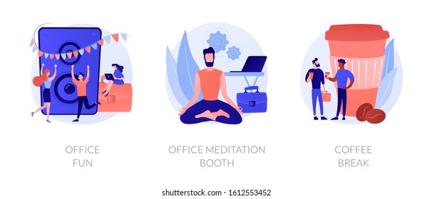 Stress relief web icons cartoon set. Employees characters at corporate party. Office fun, office meditation booth, coffee break metaphors. Vector isolated concept metaphor illustrations