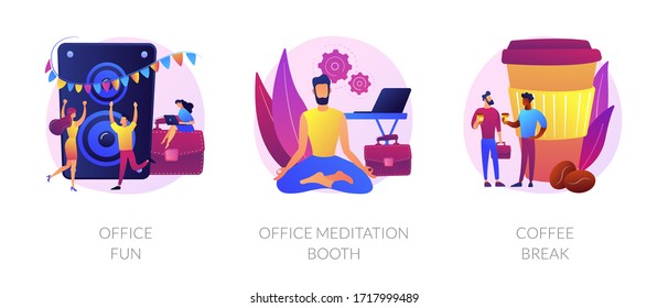 Stress relief web icons cartoon set. Employees characters at corporate party. Office fun, office meditation booth, coffee break metaphors. Vector isolated concept metaphor illustrations