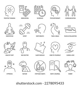 Stress relieve icon set in line style. Keeping good mental health. Vector illustration.