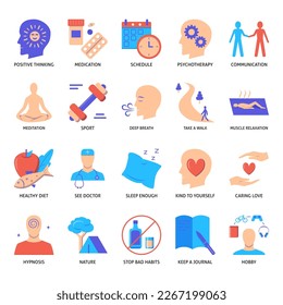 Icono de métodos de alivio de estrés establecido en estilo plano. Autocuidado, símbolos de estilo de vida saludable. Ilustración vectorial.