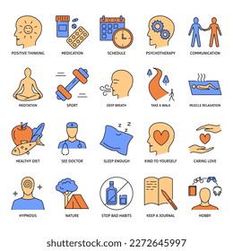 Stress relieve methods icon set in colored line style. Keeping good mental health. Vector illustration.