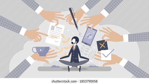 Stress resilience as business leader confidence and calm attitude tiny person concept. Patience and persistence in stressful situation with work overload vector illustration. Professional personality.