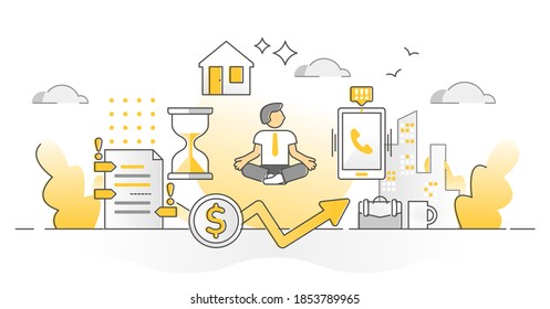 Stress resilience as calm business work balancing monocolor outline concept. Successful combine personal private life and professional job duties with meditative peaceful attitude vector illustration.