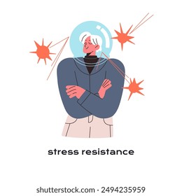 Stress resistance concept. Corporate soft skill to calmness, ability to be confident during troubles, problems. Employee, worker with mental protection. Flat isolated vector illustration on white