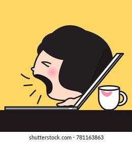 Stress And Screaming Girl Coming Out From Computer Laptop Screen On The Office Desk Concept Card Character illustration
