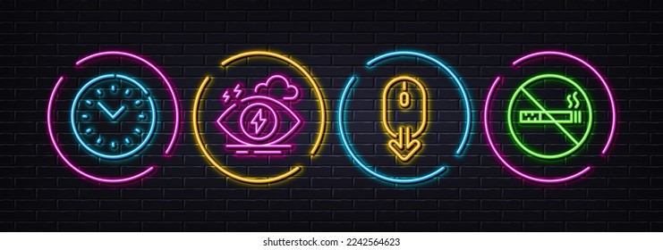 Stress, Scroll down and Time management minimal line icons. Neon laser 3d lights. No smoking icons. For web, application, printing. Mind anxiety, Mouse swipe, Office clock. Stop smoke. Vector