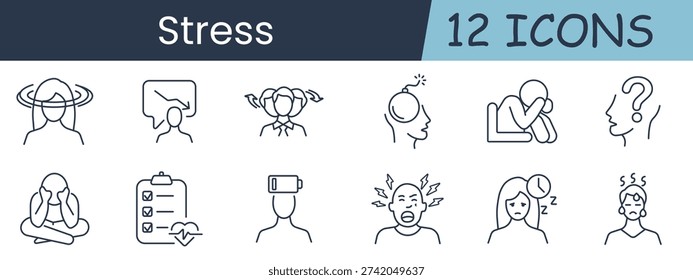 Stress set icon. Dizziness, conflict, overload, anxiety, depression, confusion, meditation, checklist, lowbattery, anger, insomnia, burnout, mentalhealth, fatigue, emotion, therapy