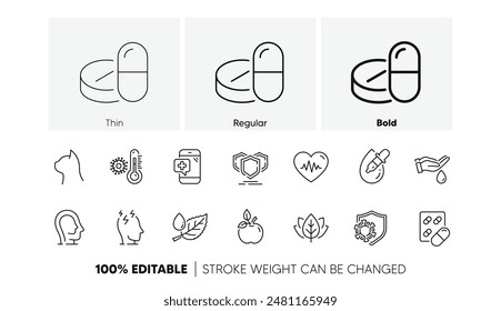 Stress, Shields and Eye drops line icons. Pack of Pets care, Capsule pill, Thermometer icon. Eco food, Leaf dew, Psychology pictogram. Organic tested, Medical phone, Heartbeat. Line icons. Vector