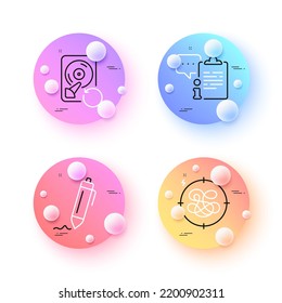 Stress, Signature and Recovery hdd minimal line icons. 3d spheres or balls buttons. Clipboard icons. For web, application, printing. Anxiety chat, Written pen, Backup info. Info document. Vector