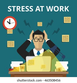 Stress situation on work. Overworked and tired businessman or office worker sitting at his desk. Flat vector illustration.
