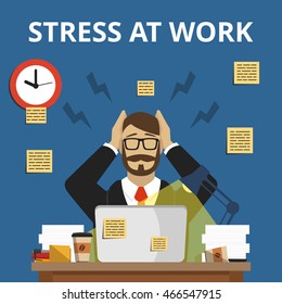 Stress situation on work. Overworked and tired businessman or office worker sitting at his desk. Flat vector illustration.