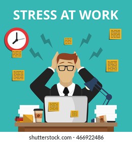 Stress situation on work. Overworked and tired businessman or office worker sitting at his desk. Flat vector illustration.