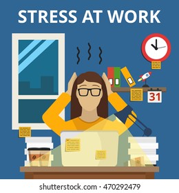 Stress situation on work. Overworked and tired businesswoman or office worker sitting at her desk in night time. Flat vector illustration.