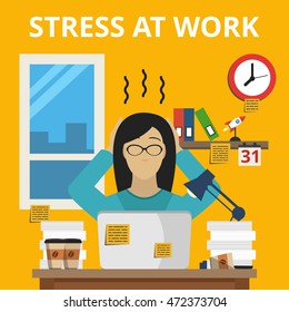 Stress situation on work. Overworked and tired businesswoman or office worker sitting at her desk. Flat vector illustration.